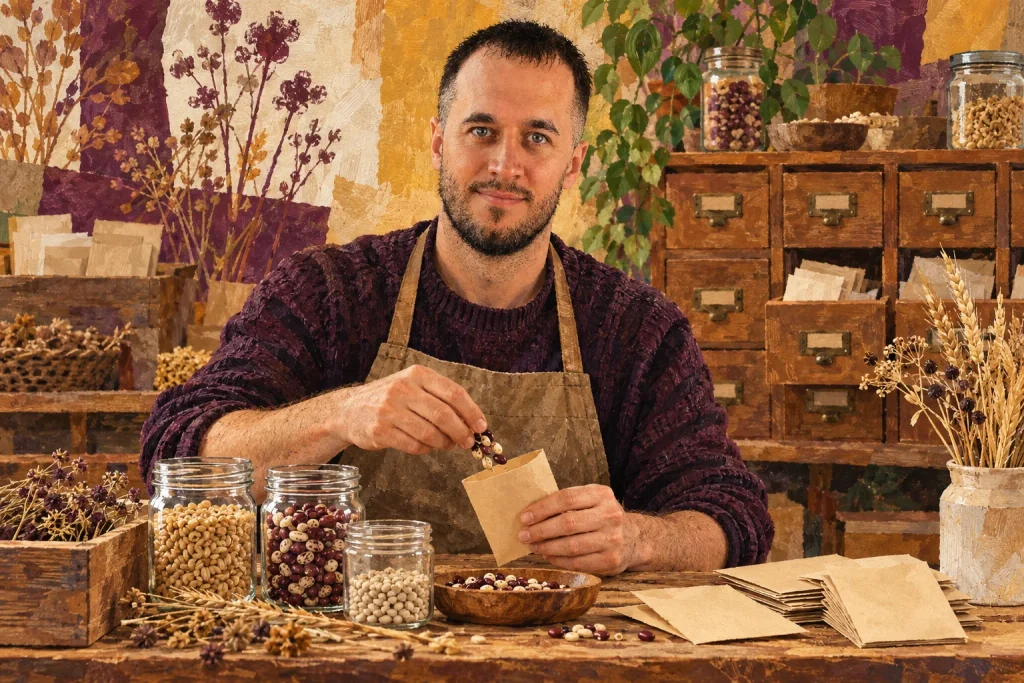 Евгений Зайферт у стола библиотеки семян с баночками фасоли и пшеницы — AI-иллюстрация